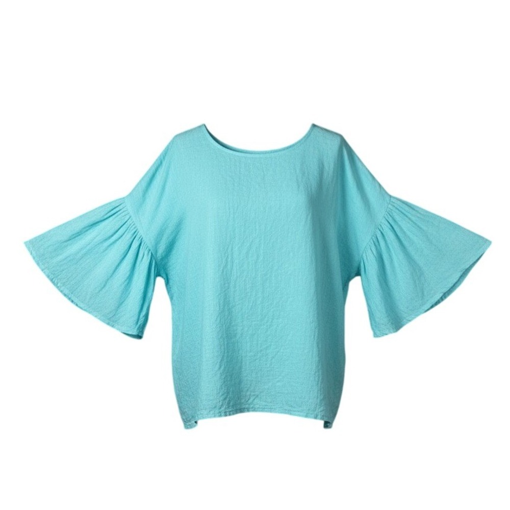 Match Point Turquoise 100% Linen Bell‎ Sleeve Round Neck Top Sz XL Made USA